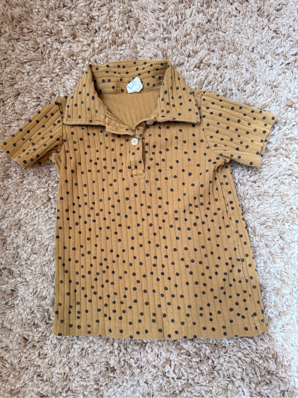 kate quinn Mustard Polo with Black Polka Dots